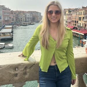 Lime Green Button-Up Blouse with Flared Sleeves